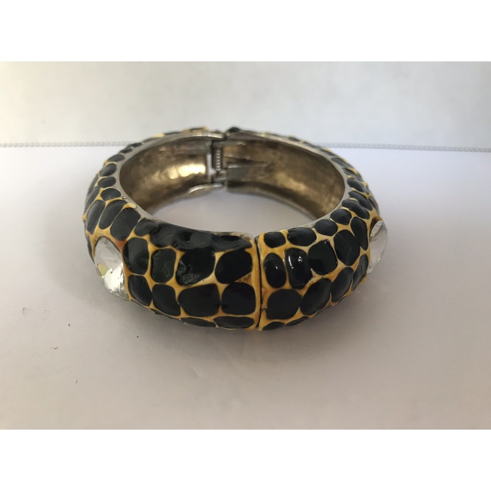 Cuff BRACELET Hinged snake wild animal PRINT yellow black rhinestones enamel‎